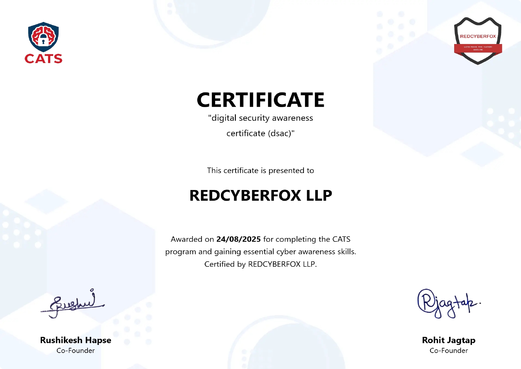 Sample CATS Certificate